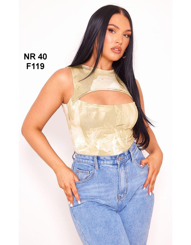 Light Brown Renaissance Print Slinky Cut Out Front Bodysuit