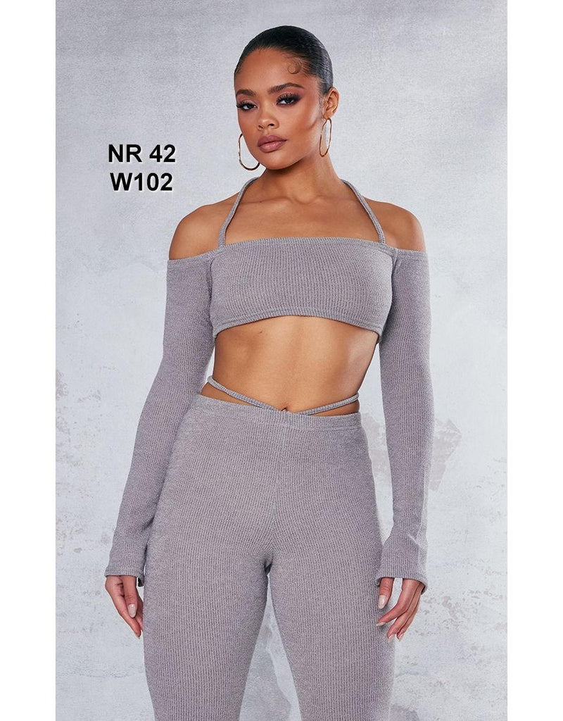 Mocha Marl Rib Halterneck Bardot Crop Top