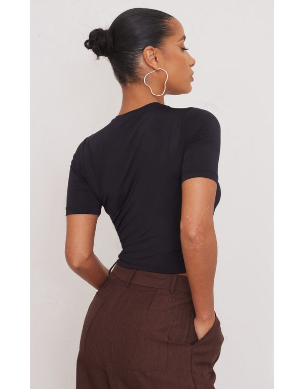 Basic Black Slinky Short Sleeve Crop Top