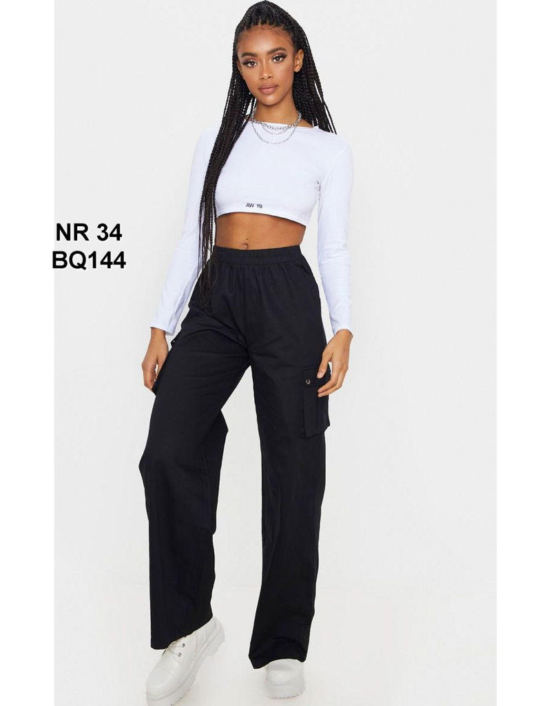 Black Wide Leg High Waisted Cargo Trousers