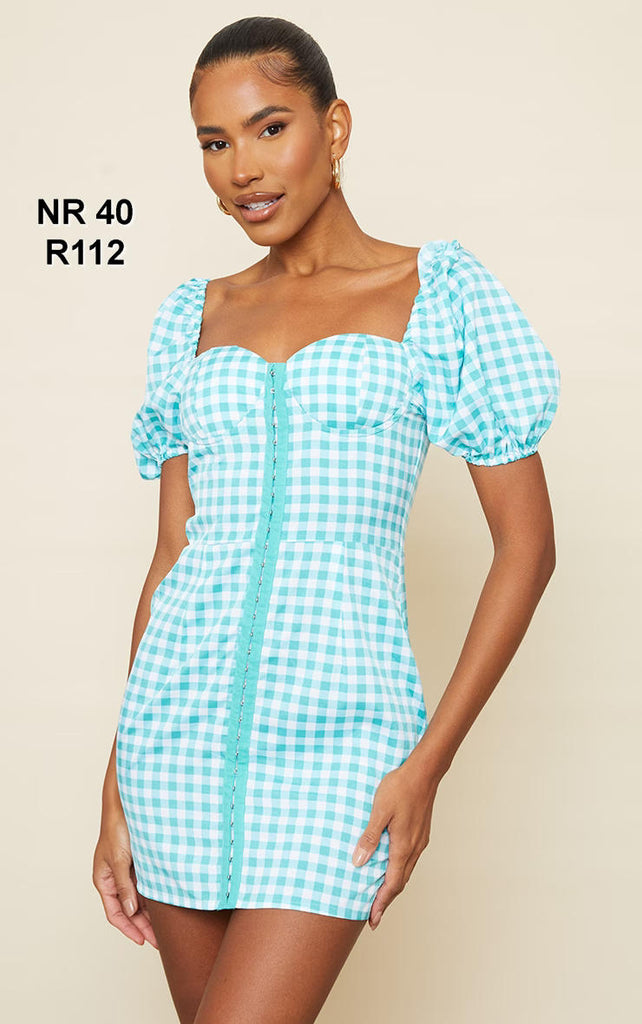 Mint Gingham Corset Floaty Sleeve Bodycon Dress