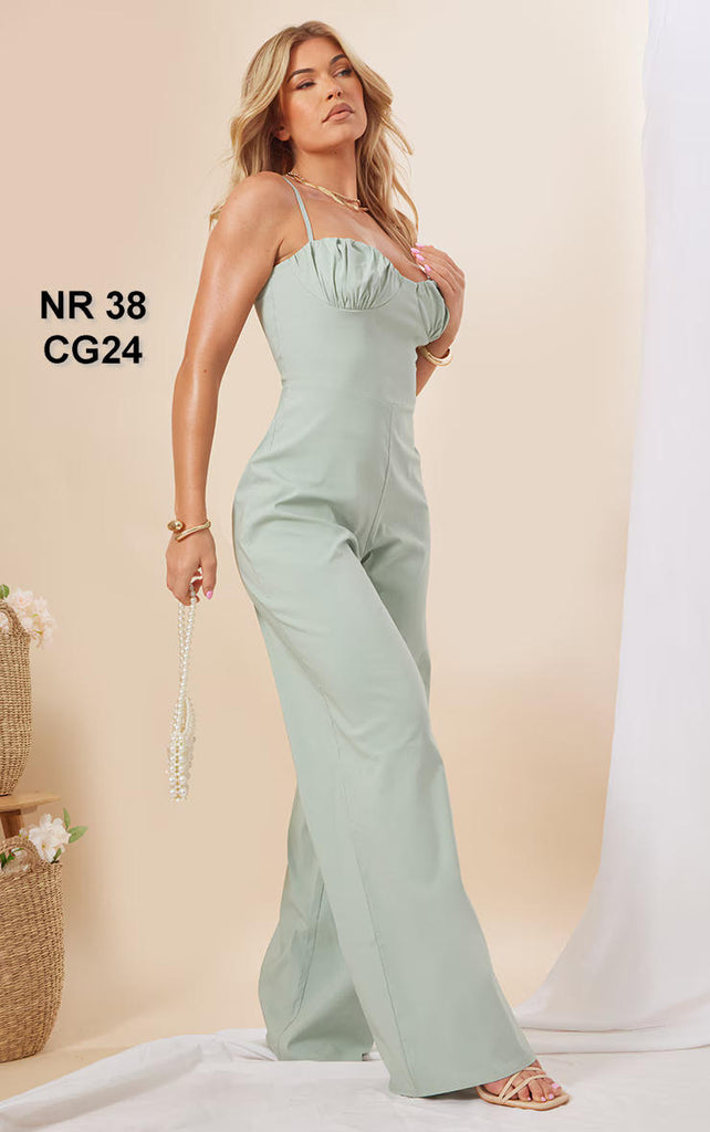 Sage Stretch Woven Ruched Bust Strappy Jumpsuit