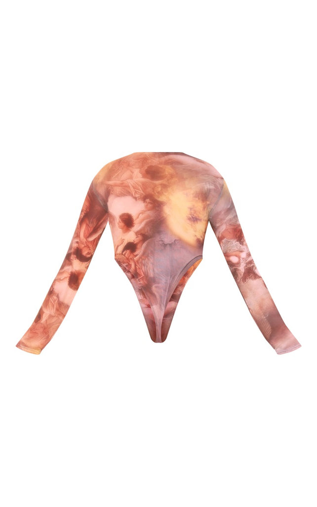 Plus Renaissance Print Multi-Color Mesh Scoop Neck Body