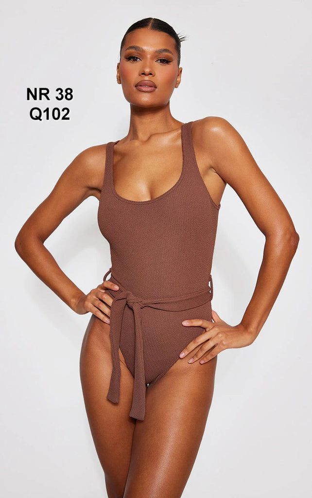Chocolate Tie Waist Crinkle Swimsuit