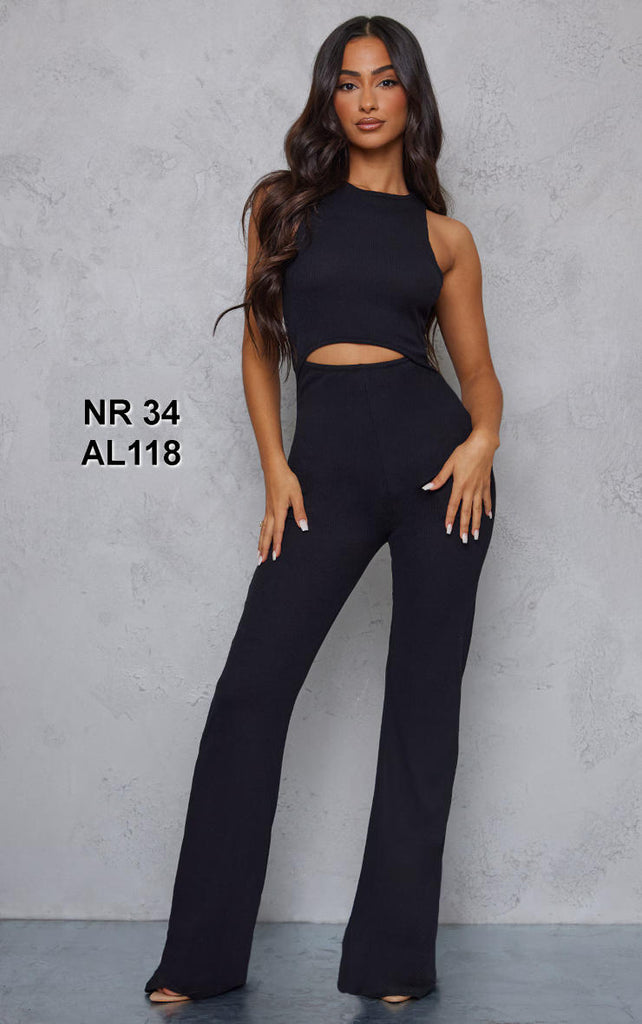 Petite Black Cut Out Rib Wide Leg Jumpsuit