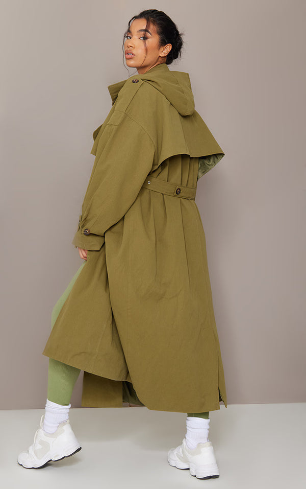 Khaki Hooded Oversized Woven Trench Coat