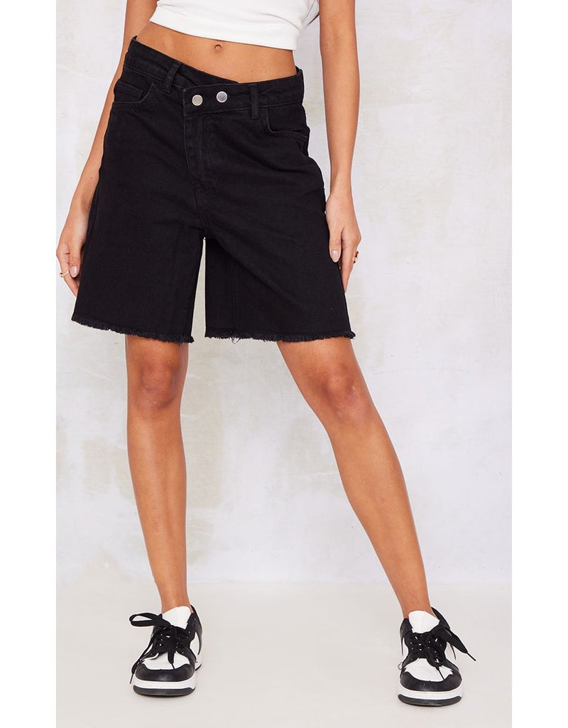 Washed Black Asymmetric Waistband Raw Hem Denim Short