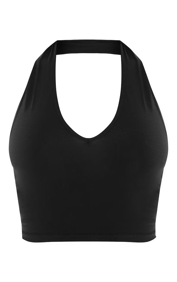 Black Basic Cotton Blend Halterneck Crop Top