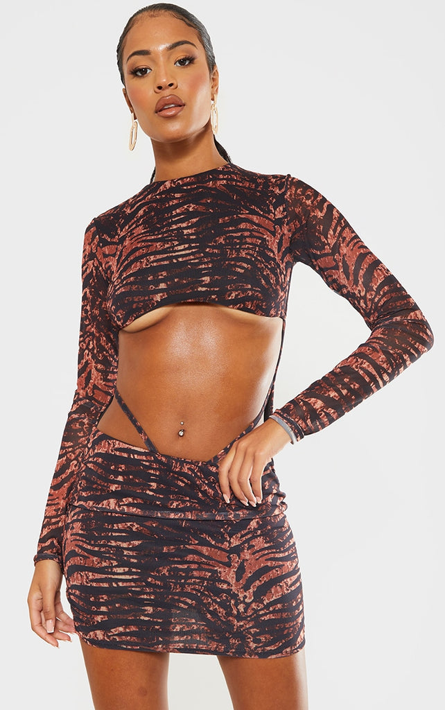 Tall Brown Zebra Print Mesh Cut Out Front Bodycon Dress