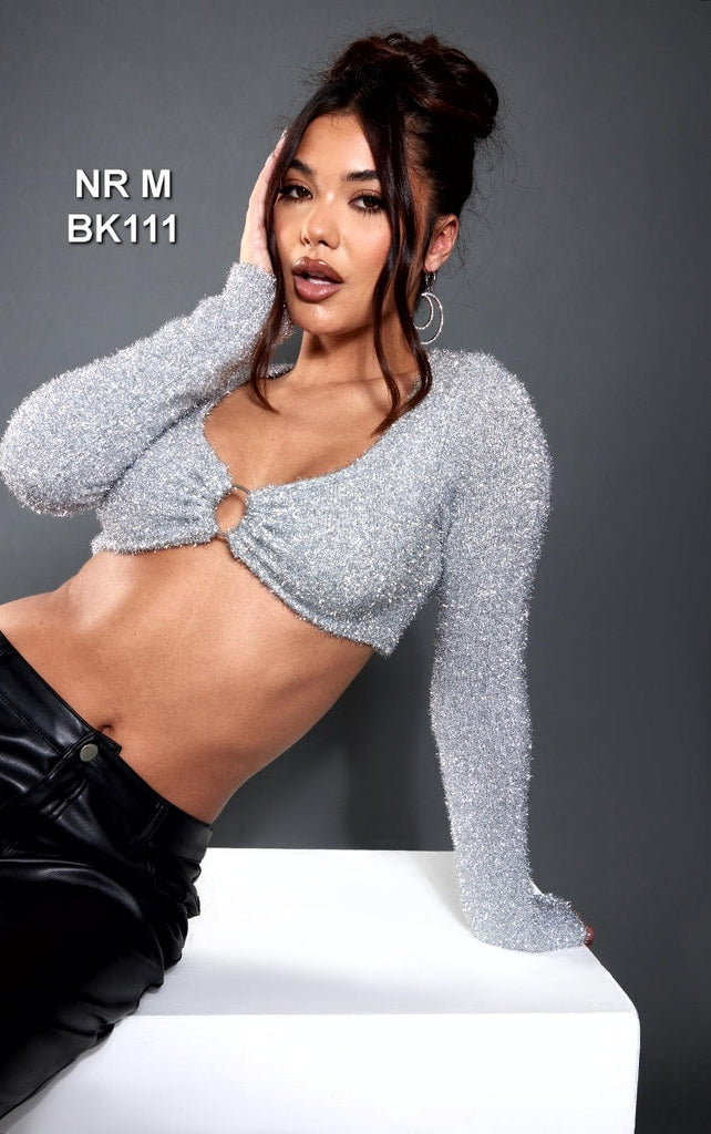 Prettylittlething Women's Silver Tinsel Knit Long Sleeve Crop Top -
