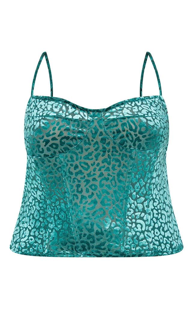Plus Emerald Green Leopard Velvet Structured Corset Top