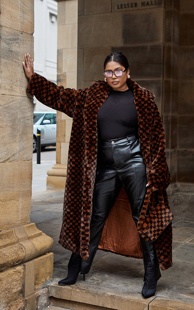 Plus Brown Check Print Faux Fur Midi Coat