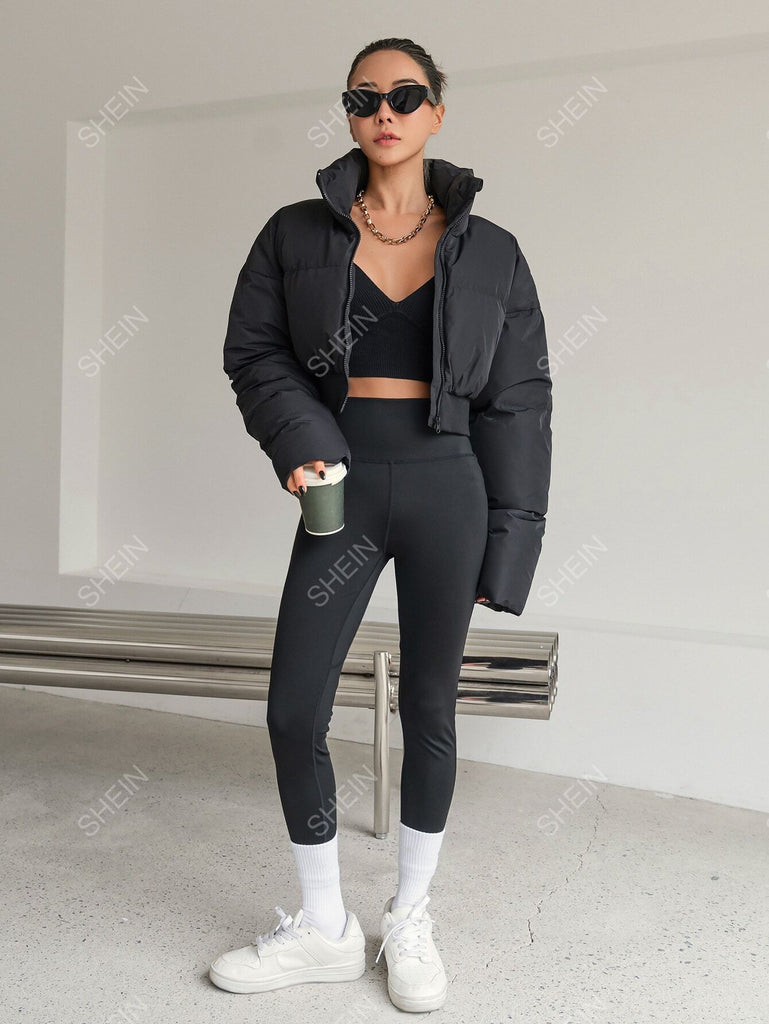 DAZY Drop Shoulder Zipper Puffer Thick Pockets Coat