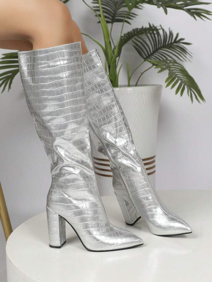 Silver Fashion Pointed Toe High Heel Knee High Boots