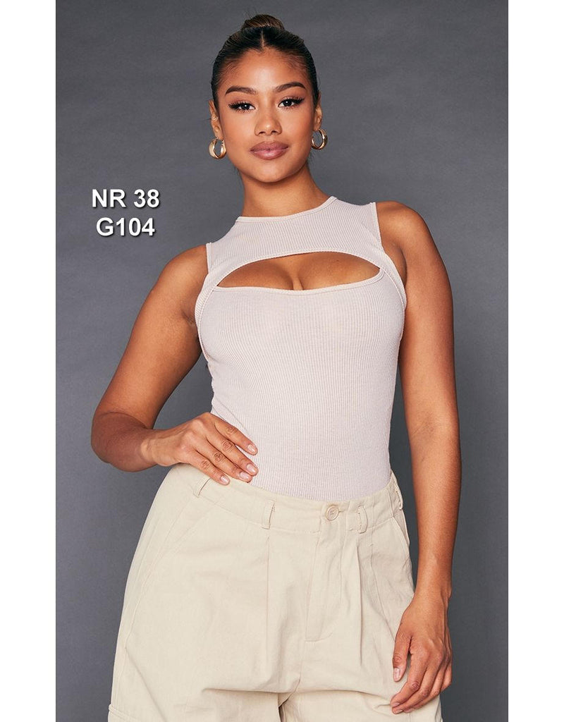 Stone Rib Sleeveless Cut Out Chest Bodysuit