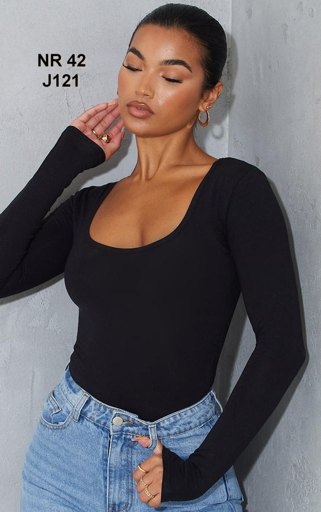 Basic Black Cotton Blend Scoop Neck Long Sleeve Bodysuit
