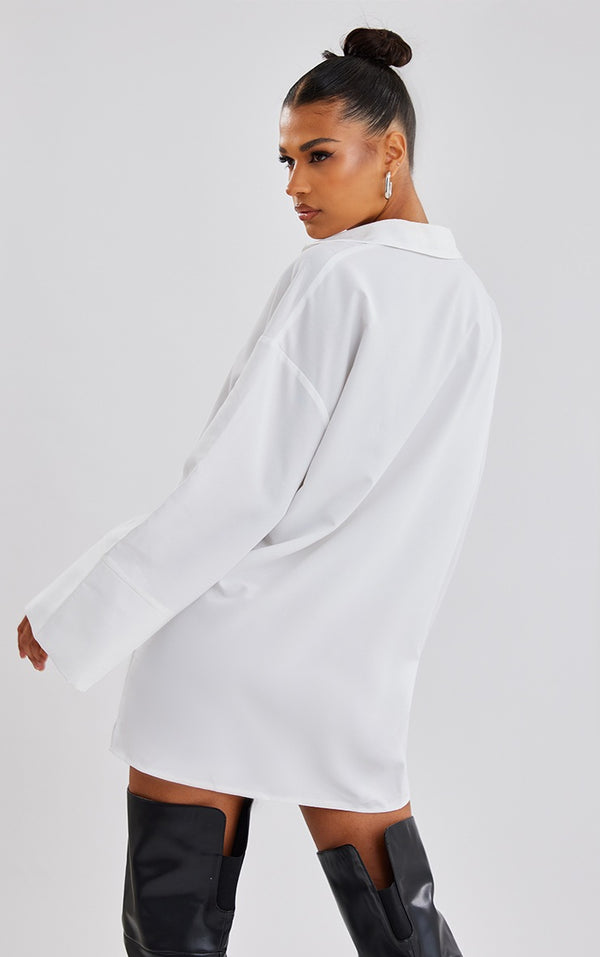 White Poplin Exaggerated Cuff Oversized Shirt Dress