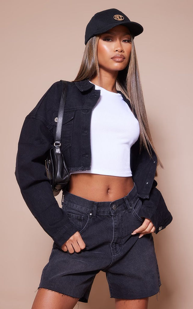 Washed Black Raw Hem Longline Denim Mom Shorts