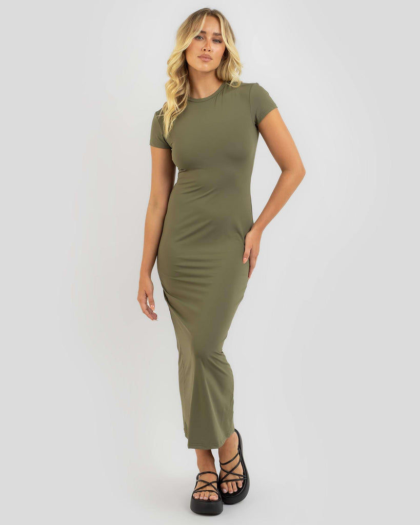 Khaki Ribbed Short Sleeve Crew Neck Midi Dress