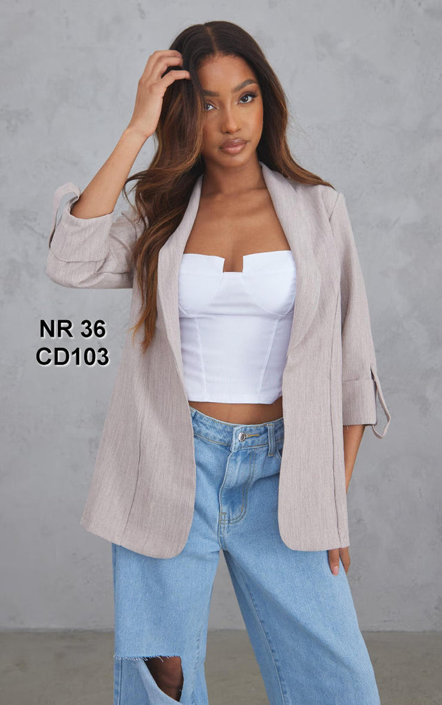 Stone Basic Linen Look Turn Up Sleeve Blazer