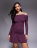 exclusive cotton rich bardot ruched drop waist ruffle hem mini dress in plum