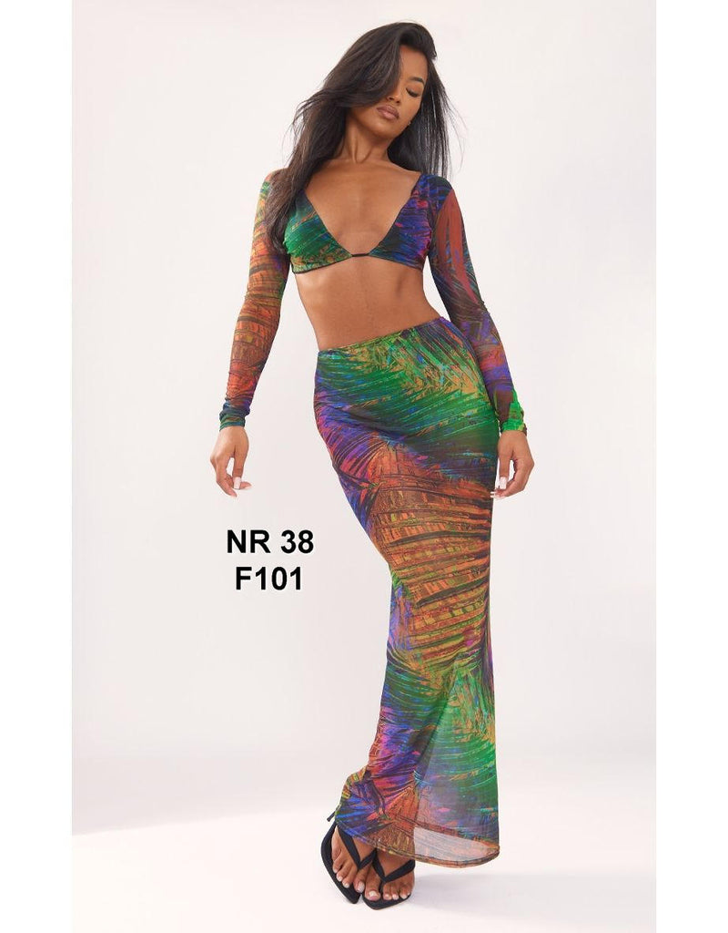 Multi Palm Tree Print Mesh Low Rise Midaxi Skirt