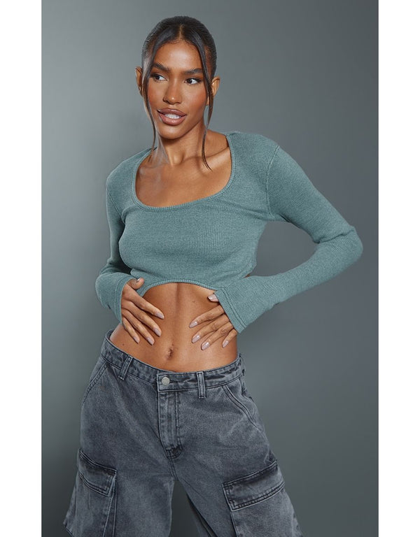 Moss Khaki Acid Wash Curve Hem Long Sleeve Crop Top