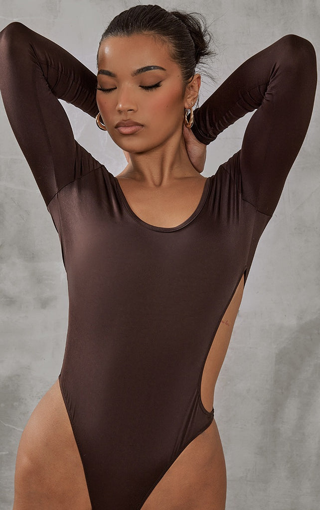 Chocolate Slinky Cut Out Side Long Sleeve Bodysuit