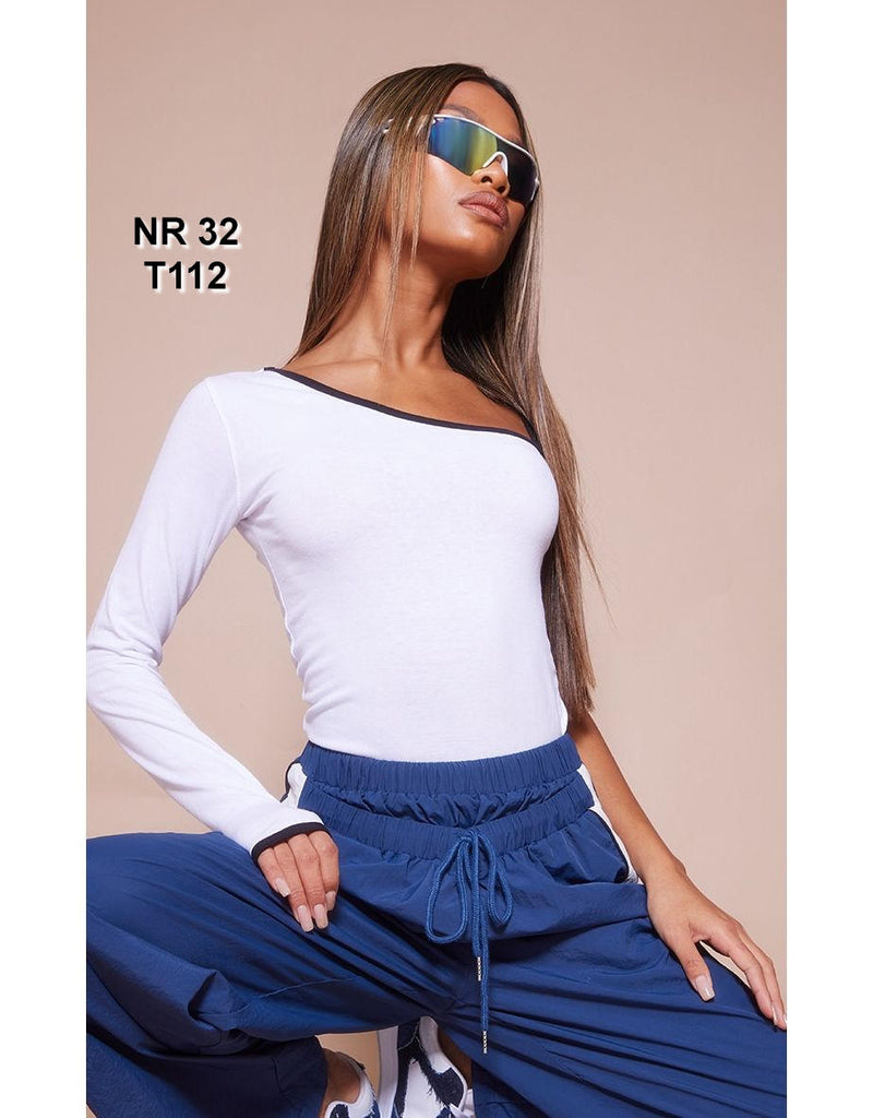 White Contrast Binding One Shoulder Bodysuit