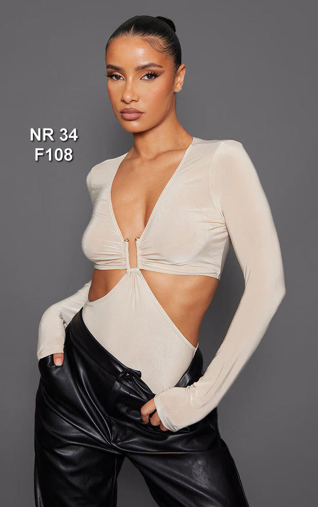 Stone Hardware Detail Long Sleeve Slinky Cut Out Bodysuit