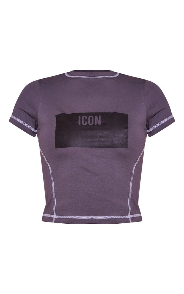 Charcoal Contrast Stitch Icon Slogan Longline T-shirt