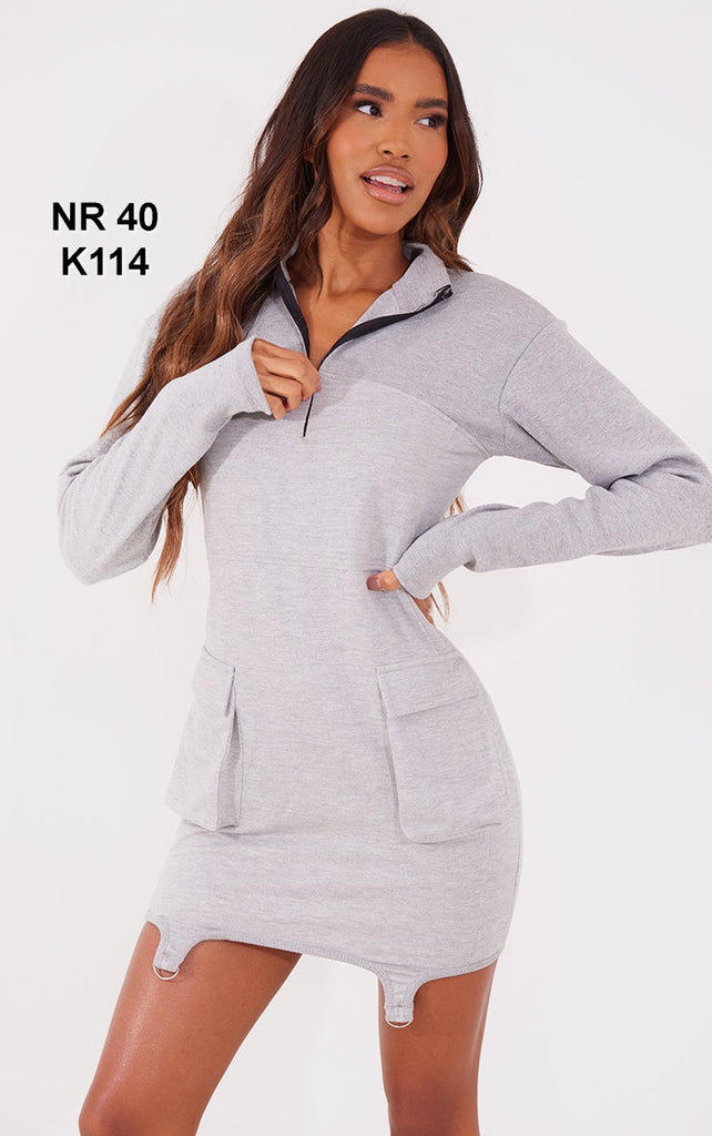 Grey Rib Contrast Half Zip Pocket Detail Bodycon Dress