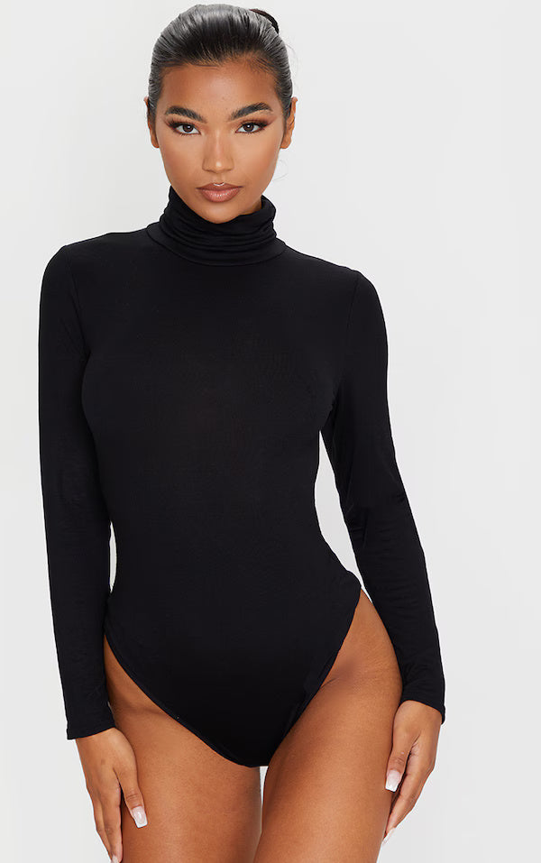 Basic Black Cotton Blend Roll Neck Bodysuit