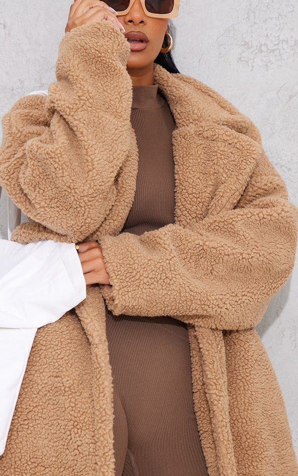 Camel Borg Lapel Drop Arm Midi Coat