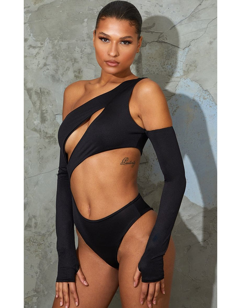 Black Slinky Bardot Thumb Hole Cut Out Bodysuit