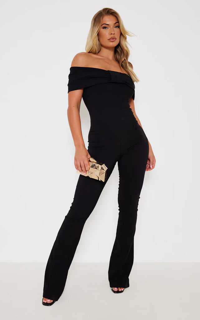 Black Bow Detail Bardot Stretch Woven Flared Jumpsuit