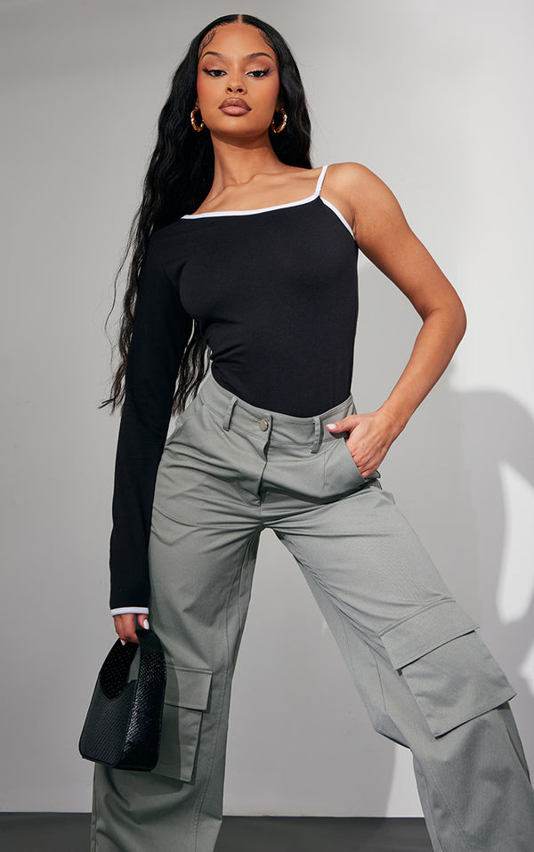 Black Contrast Binding One Shoulder Bodysuit