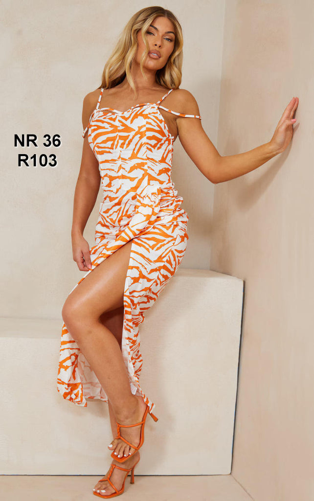 Orange Animal Print Strappy Drape Detail Midaxi Dress
