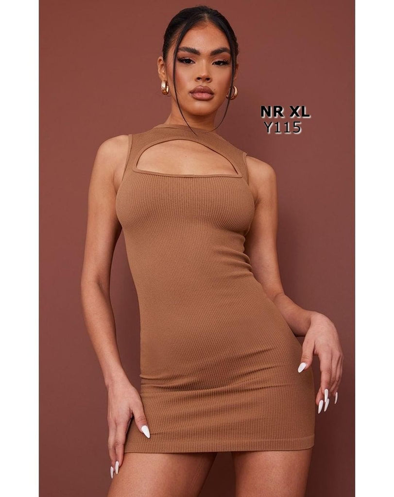 Mocha Structured Contour Rib Cut Out High Neck Bodycon Dress