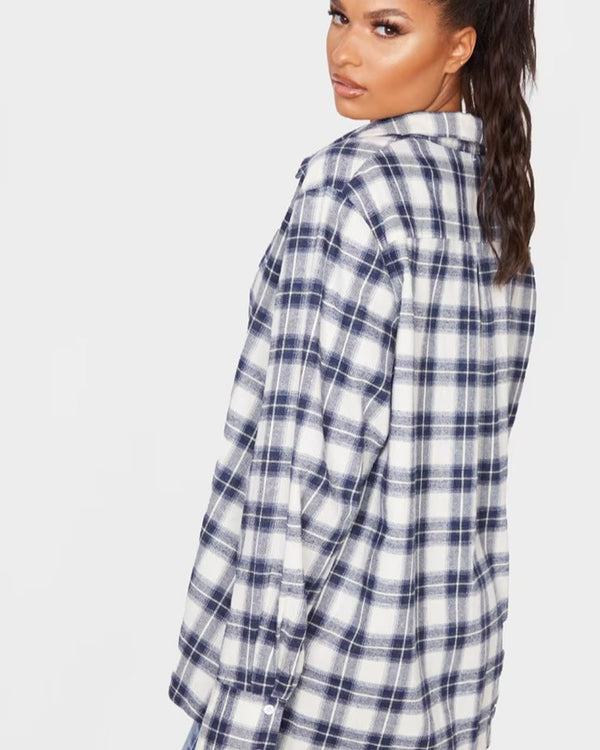 White Checked Flannel Oversized Cuff Shirt