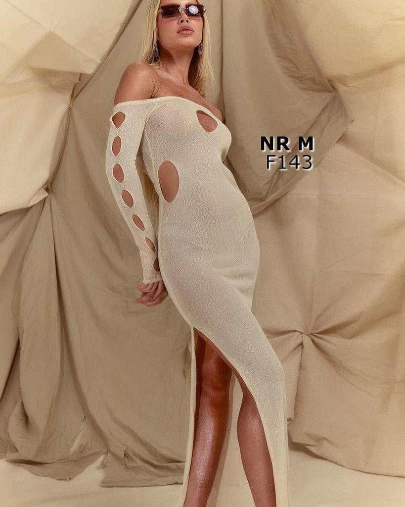 Cream Sheer Knit Cut Out Long Sleeve Maxi Dress