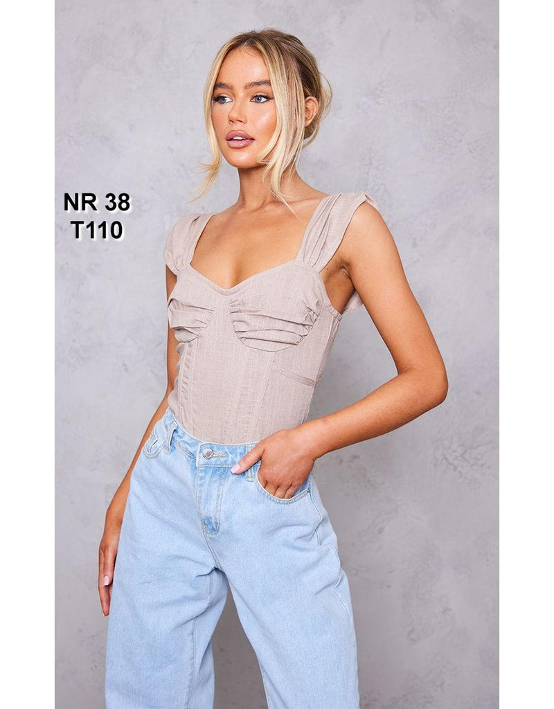 Taupe Linen Look Bardot Draped Bust Corset Bodice Bodysuit