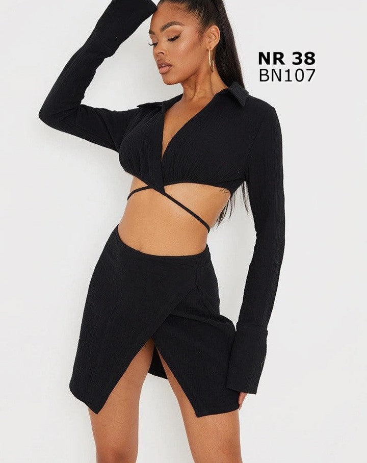 Black Waffle Tie Crop Top