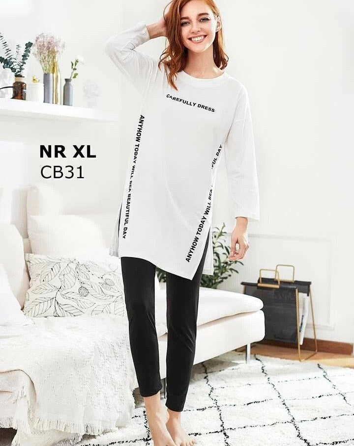 Slogan Graphic Slit Side Long Pajama
