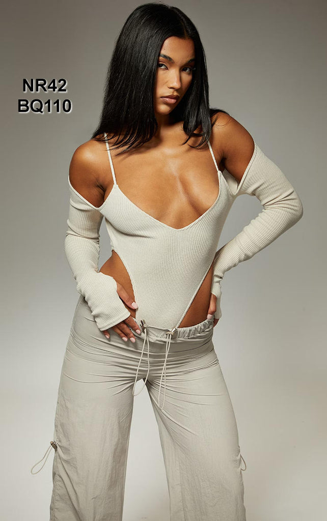 Stone Marl Rib Halter Plunge Long Sleeve Bodysuit