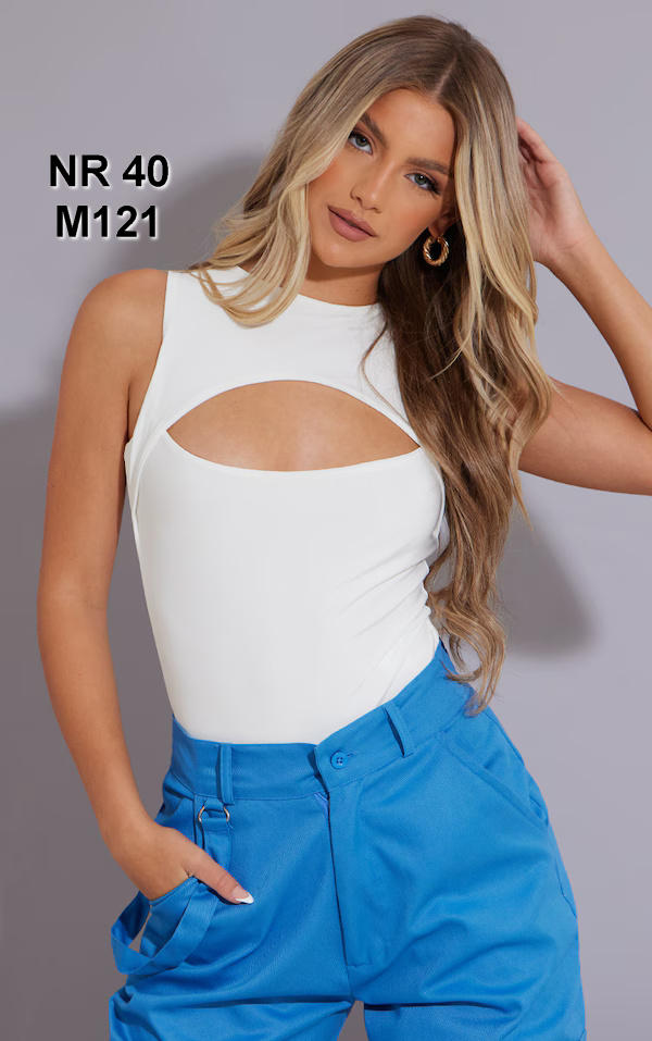 White Slinky Cut Out Front Bodysuit