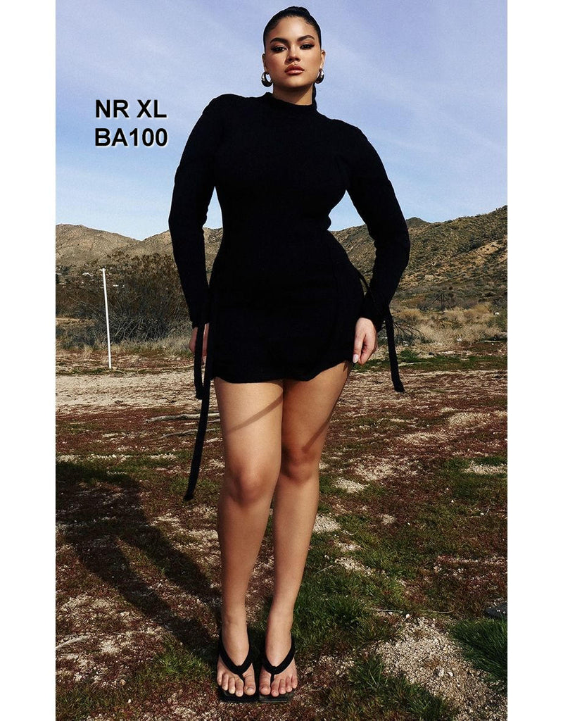 Black Knitted Tie Detail Wrap Bodycon Dress