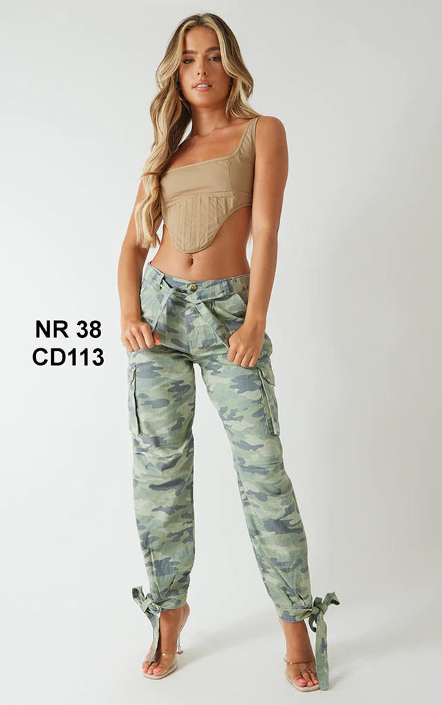 Khaki Washed Camo Printed Low Rise Tie Hem Baggy Cargo's