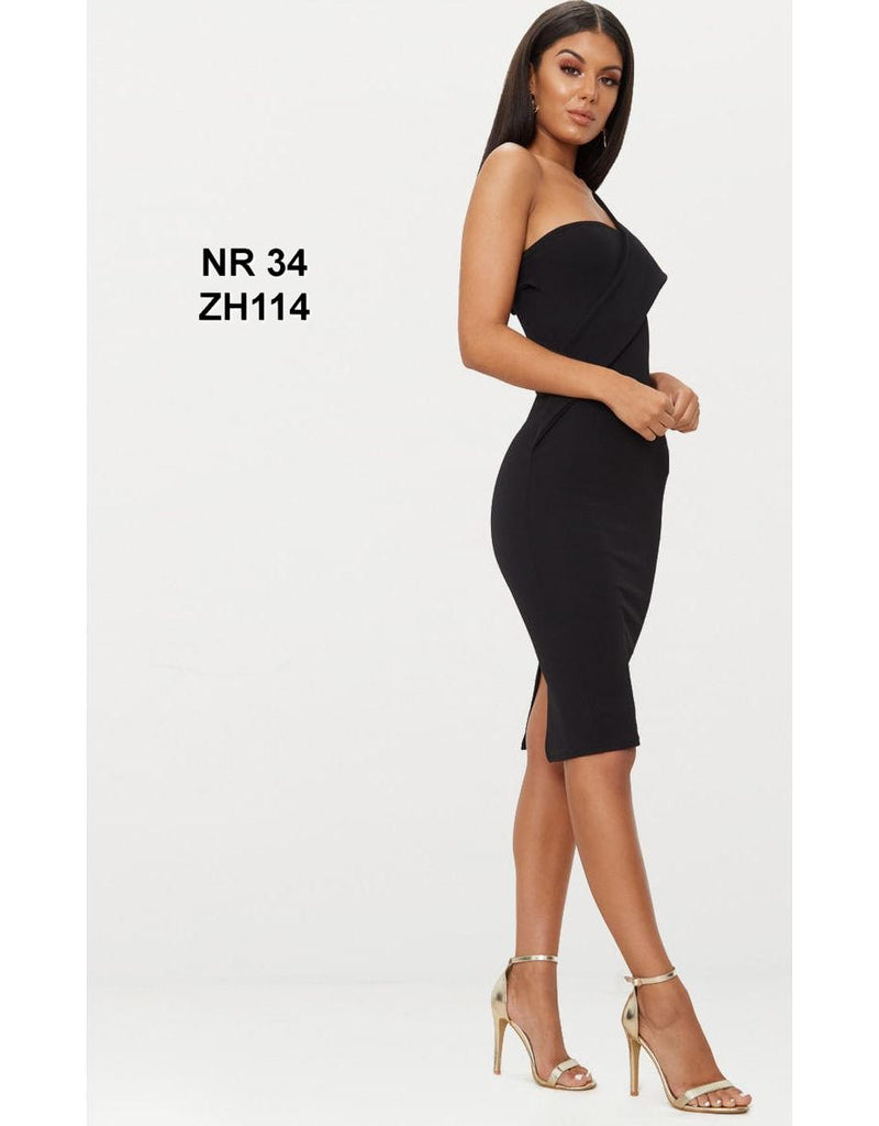 Black Asymmetric Strap Midi Dress