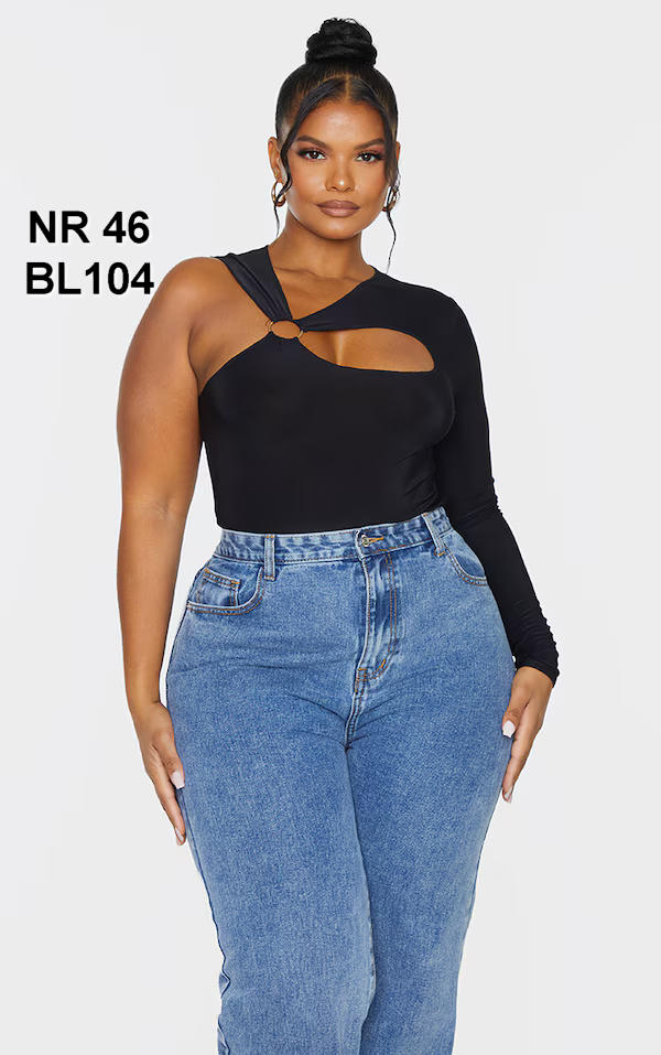 Plus Black Cut Out Ring Detail Long Sleeve Bodysuit